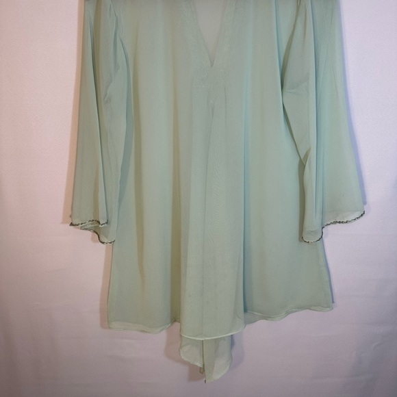 Queenora Womens Blouse Kaftan Lime Green Embedded Beads Ribbon Tunic Tunic Sz L - Picture 5 of 16